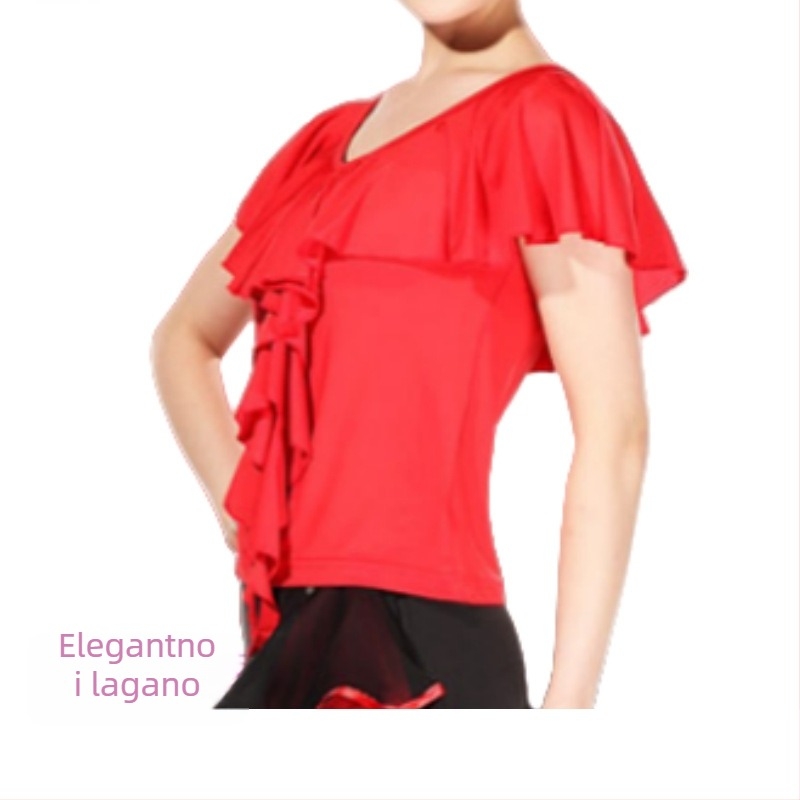 Latinska plesna odjeća: Milk Silk tkanina, šifon gornji dio s detaljem lotosovog lista i dijamantnim ukrasima, suknja za square dance s ugrađenim sigurnosnim šorcima