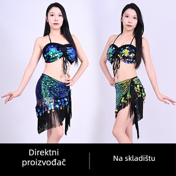 Kostim za belly dance sa šljokicama i resicama, set indijske šalice za bokove – Orijentalni ples za izvedbu, proljeće 2025, poliester tkanina (>95%), složena izrada, Stil Street Trendsetter