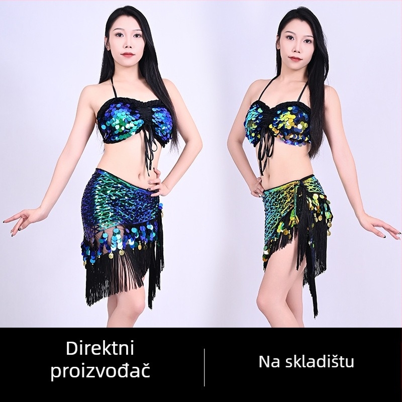 Kostim za belly dance sa šljokicama i resicama, set indijske šalice za bokove – Orijentalni ples za izvedbu, proljeće 2025, poliester tkanina (>95%), složena izrada, Stil Street Trendsetter