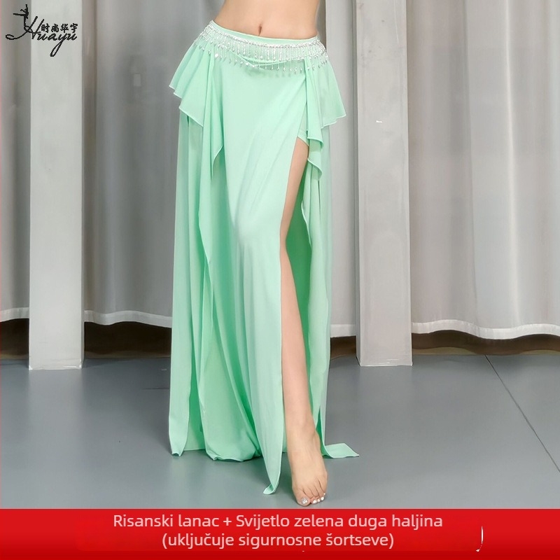 Suknja za vježbanje trbušnog plesa za žene – Crystal Cotton/Poliester, duga suknja s prorezom, za početnice, scensko odijevanje, ljeto 2025