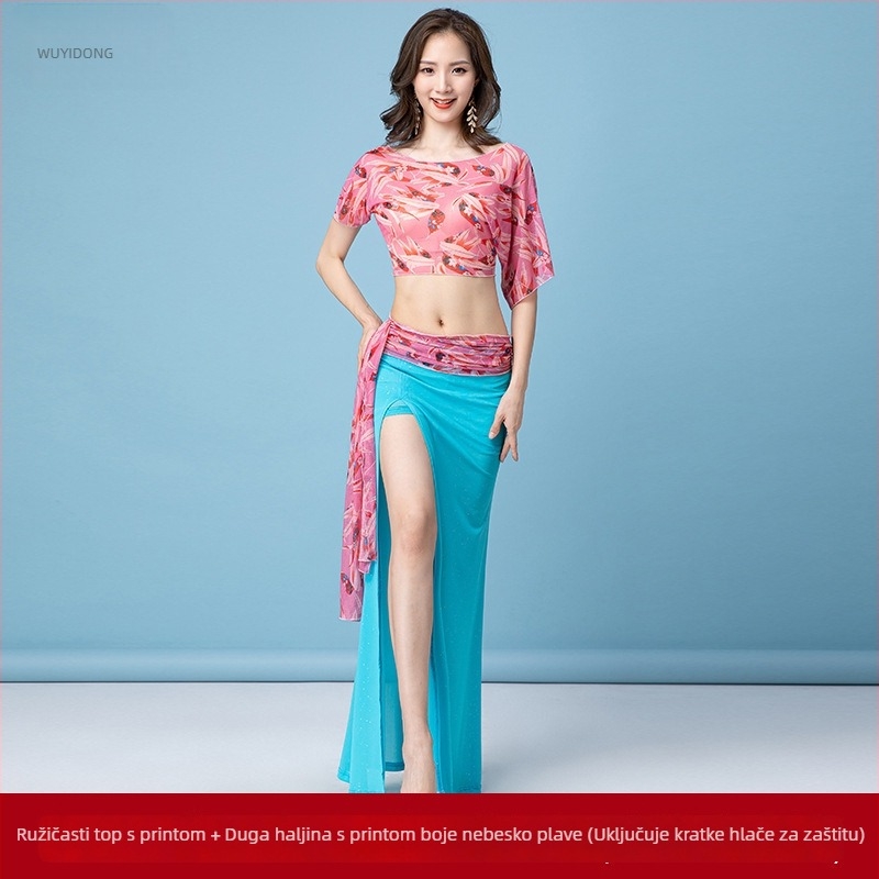 Fashion Huayu kostim za ples trbuha s printom, nagnuti rameni, kratki rukavi, duga suknja s visokim prorezom, set