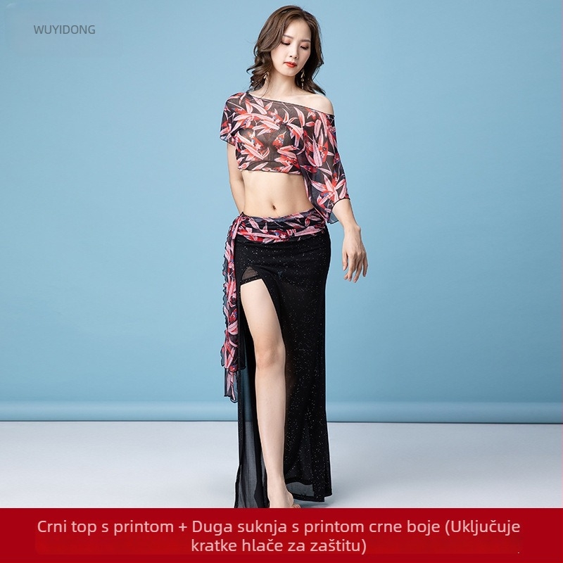Fashion Huayu kostim za ples trbuha s printom, nagnuti rameni, kratki rukavi, duga suknja s visokim prorezom, set