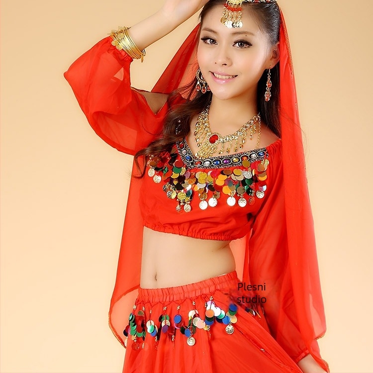 Top za belly dance za žene, šifon, dugi rukav tip fenjer, 85% poliester, za odrasle žene 25–29 godina