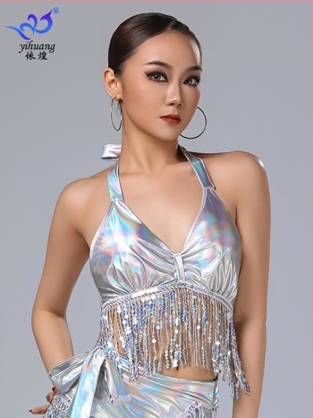 Halterneck top s resicama za Belly Dance i Latin Dance, PU kožnog izgleda s pa‑ijeticama, tkanina poliester-spandeks, sadržaj 95%+