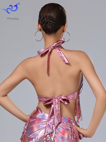 Halterneck top s resicama za Belly Dance i Latin Dance, PU kožnog izgleda s pa‑ijeticama, tkanina poliester-spandeks, sadržaj 95%+