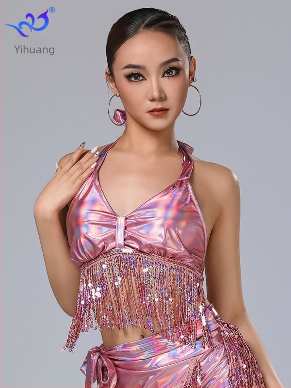 Halterneck top s resicama za Belly Dance i Latin Dance, PU kožnog izgleda s pa‑ijeticama, tkanina poliester-spandeks, sadržaj 95%+