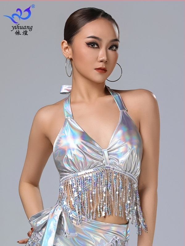 Halterneck top s resicama za Belly Dance i Latin Dance, PU kožnog izgleda s pa‑ijeticama, tkanina poliester-spandeks, sadržaj 95%+