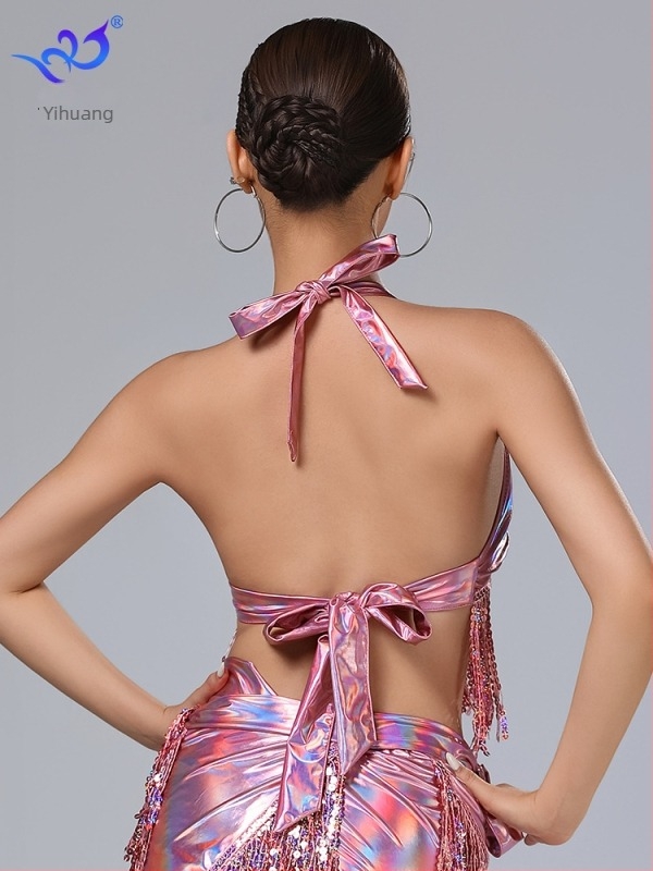 Halterneck top s resicama za Belly Dance i Latin Dance, PU kožnog izgleda s pa‑ijeticama, tkanina poliester-spandeks, sadržaj 95%+