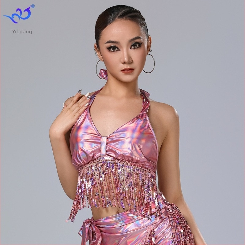 Halterneck top s resicama za Belly Dance i Latin Dance, PU kožnog izgleda s pa‑ijeticama, tkanina poliester-spandeks, sadržaj 95%+