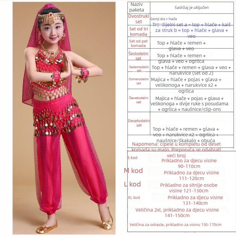 Dječji plesni kostim za belly i narodne plesove, set za probe i nastupe, 120D šifon