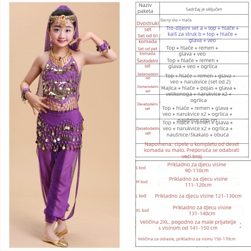 Dječji plesni kostim za belly i narodne plesove, set za probe i nastupe, 120D šifon