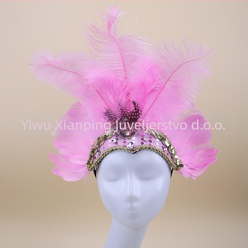 Headwear Vintage Feather Headband Crown with Plaid Pattern, Summer 2024