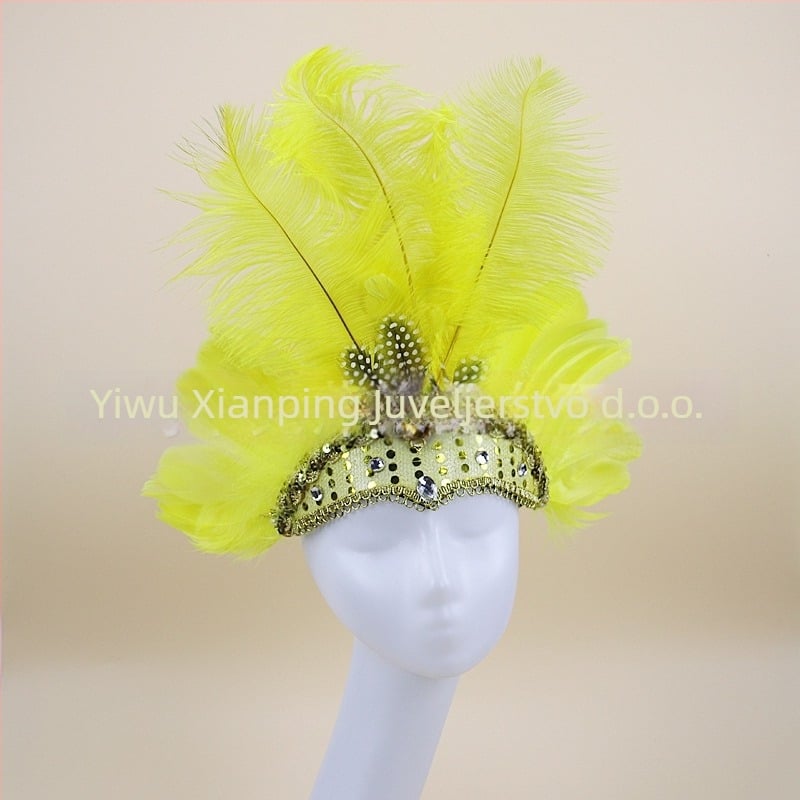 Headwear Vintage Feather Headband Crown with Plaid Pattern, Summer 2024