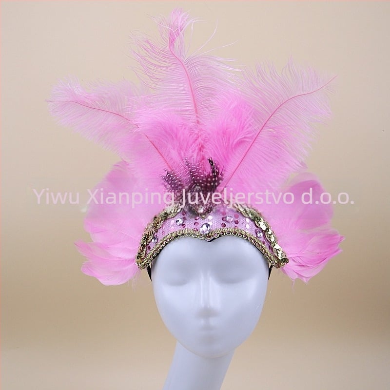 Headwear Vintage Feather Headband Crown with Plaid Pattern, Summer 2024