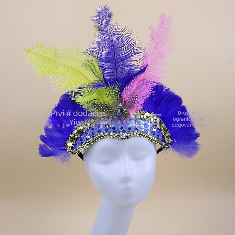 Headwear Vintage Feather Headband Crown with Plaid Pattern, Summer 2024