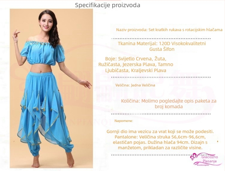 Set Belly Dance kostima za odrasle – top s lampastim rukavima i vrtećim hlačama, akrilni materijal + chiffon 120D