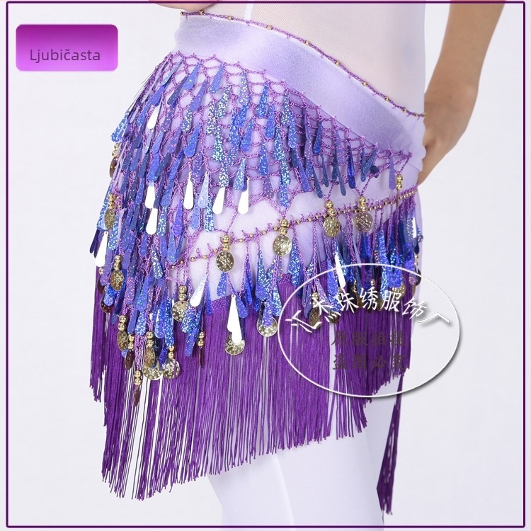 Šal Belly Dance sa šljokicama, trokut s resicama – ženski pojas za struk, Diamond Hemp tkanina (poliester + spandeks), za Belly Dance/Indijski/Latinski/Moderno ples