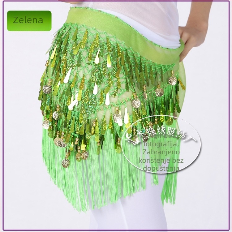 Šal Belly Dance sa šljokicama, trokut s resicama – ženski pojas za struk, Diamond Hemp tkanina (poliester + spandeks), za Belly Dance/Indijski/Latinski/Moderno ples