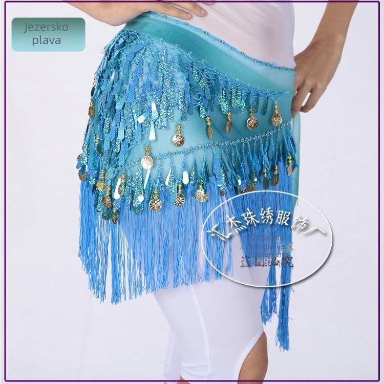 Šal Belly Dance sa šljokicama, trokut s resicama – ženski pojas za struk, Diamond Hemp tkanina (poliester + spandeks), za Belly Dance/Indijski/Latinski/Moderno ples