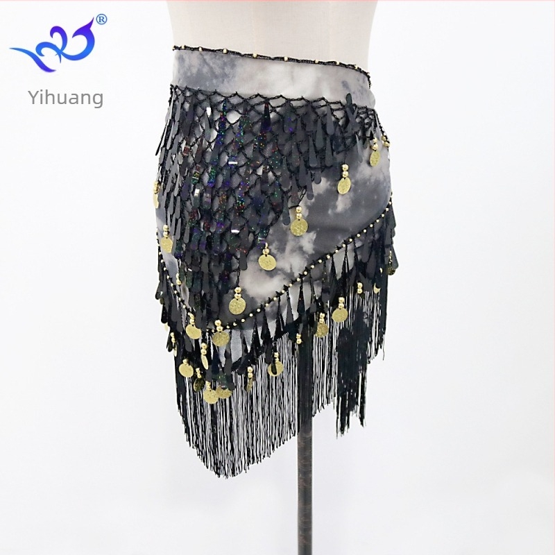Šal Belly Dance sa šljokicama, trokut s resicama – ženski pojas za struk, Diamond Hemp tkanina (poliester + spandeks), za Belly Dance/Indijski/Latinski/Moderno ples