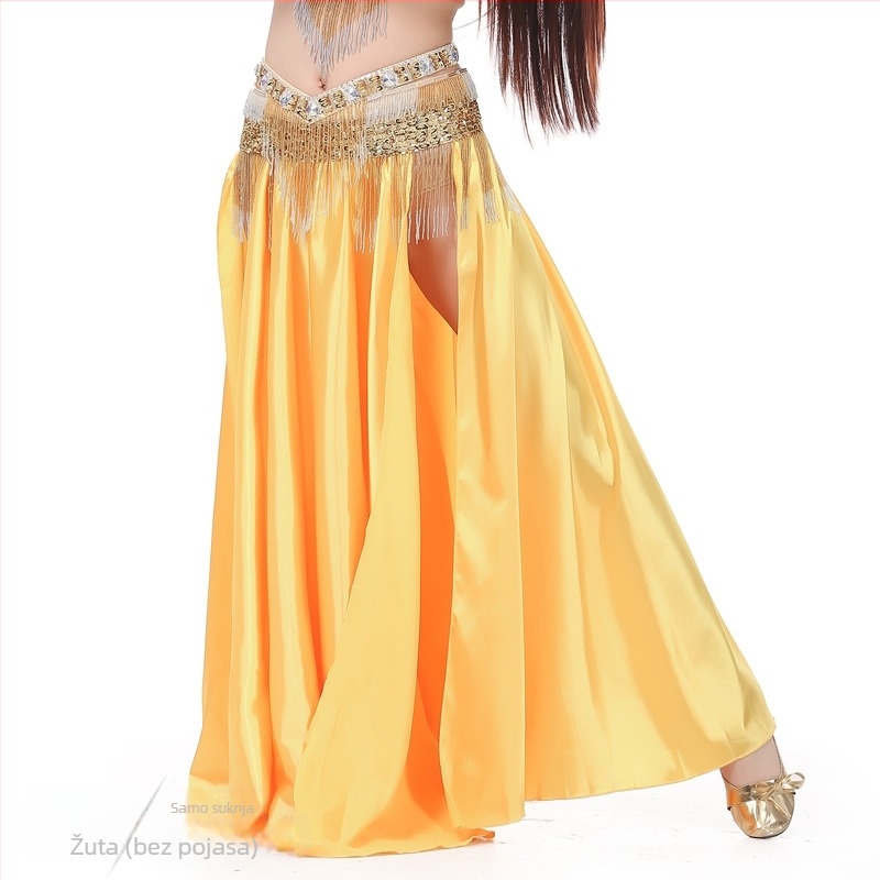 Saten suknja za belly dance s dvostrukim šlicevima, širokim izbočenjem za pozornicu