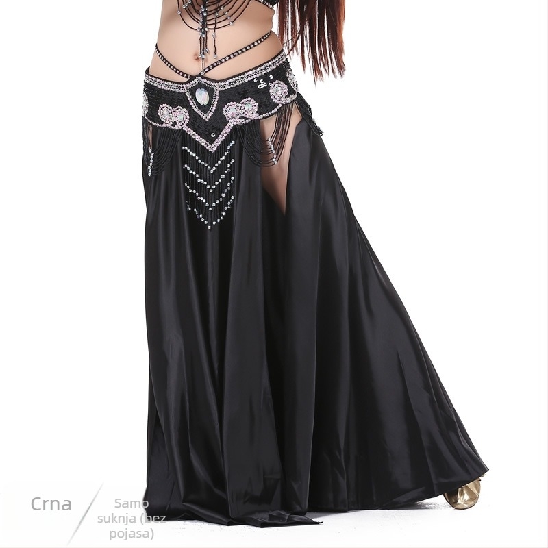 Saten suknja za belly dance s dvostrukim šlicevima, širokim izbočenjem za pozornicu