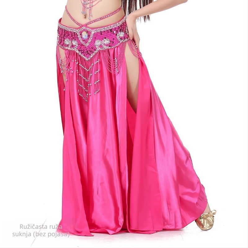 Saten suknja za belly dance s dvostrukim šlicevima, širokim izbočenjem za pozornicu