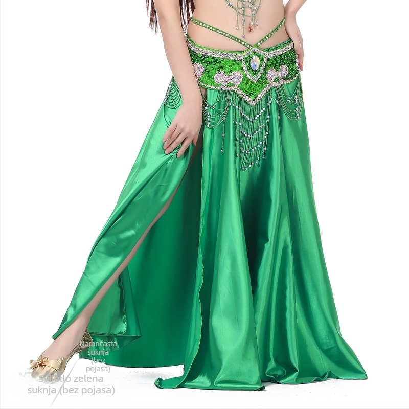 Saten suknja za belly dance s dvostrukim šlicevima, širokim izbočenjem za pozornicu