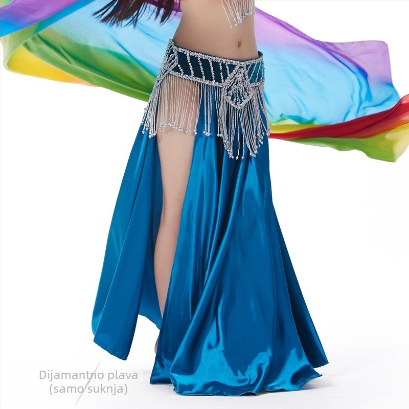 Saten suknja za belly dance s dvostrukim šlicevima, širokim izbočenjem za pozornicu
