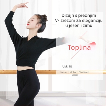 Ženski pamukasti plesni kardigan, jednobojan, dugi rukav, podstavljen pamukom, za balet i moderni ples