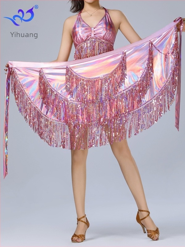Latino plesni šal s resicama za bokove i struk, belly dance šal s resicama, kaiš za struk, plesna suknja s fliterima od lakirane kože; materijali: polyester, poliuretan, spandeks; za žene; ljeto 2025