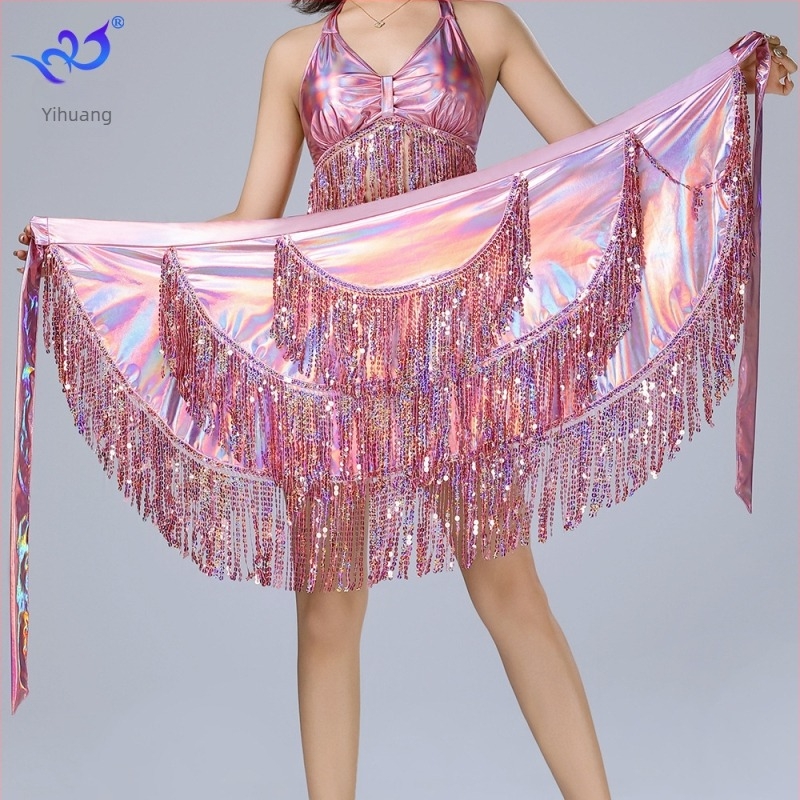 Latino plesni šal s resicama za bokove i struk, belly dance šal s resicama, kaiš za struk, plesna suknja s fliterima od lakirane kože; materijali: polyester, poliuretan, spandeks; za žene; ljeto 2025