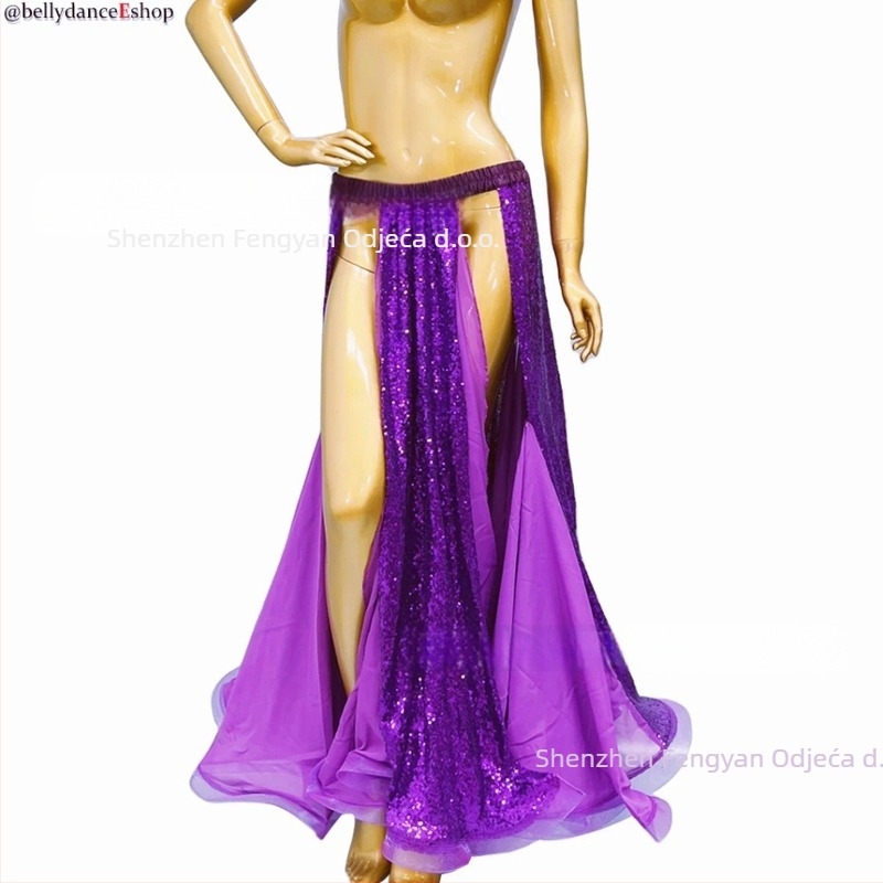 Duga sequin suknja za belly dance od šifona s poliestersko-spandeksom, za pozornicu, s velikim rubom