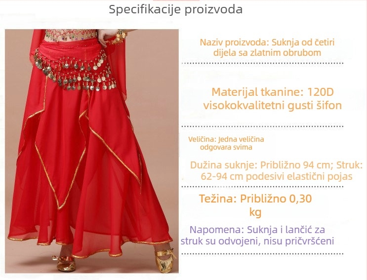 Odrasla ženska plesni kostim: indijski i Xinjiang folklorni ples, šifon suknja s zlatnim rubom, četverostruka za belly dance