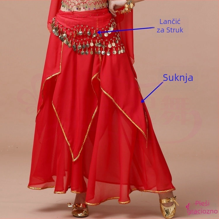 Odrasla ženska plesni kostim: indijski i Xinjiang folklorni ples, šifon suknja s zlatnim rubom, četverostruka za belly dance