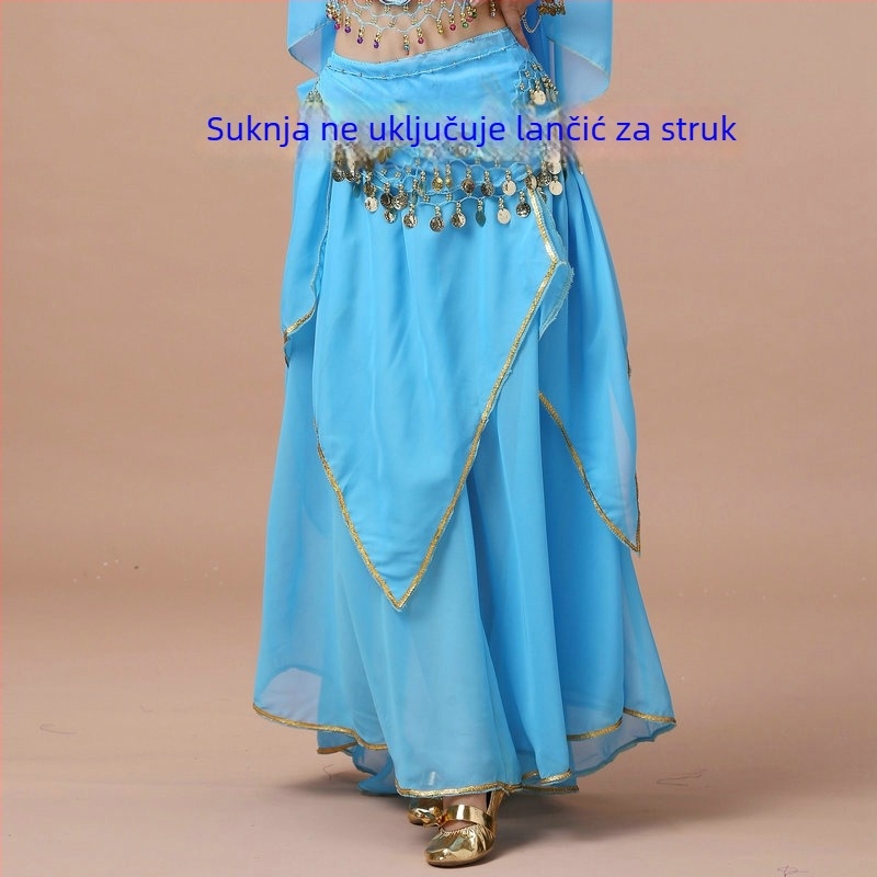 Odrasla ženska plesni kostim: indijski i Xinjiang folklorni ples, šifon suknja s zlatnim rubom, četverostruka za belly dance
