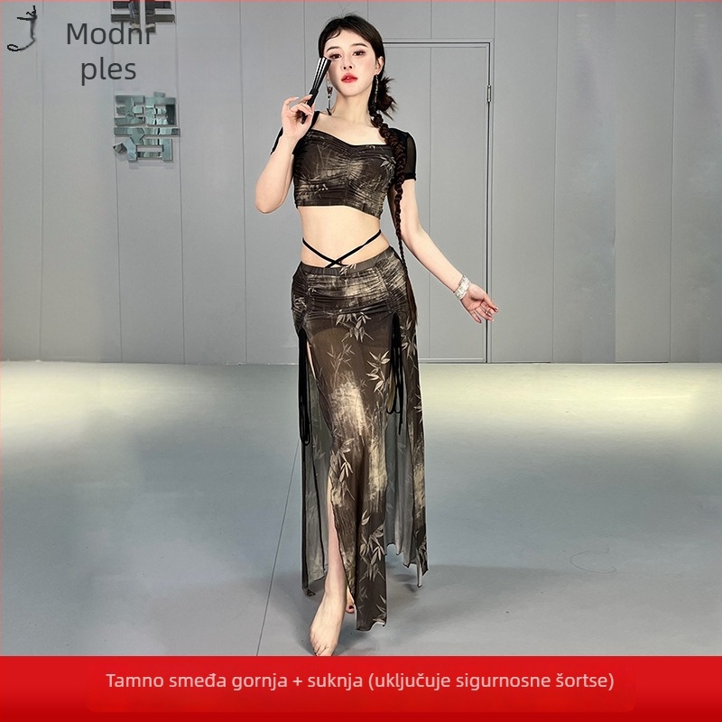 Set za Belly Dance za žene s dugom suknjom, tiskana mrežasta tkanina, najlon 70–80%, ljeto 2024