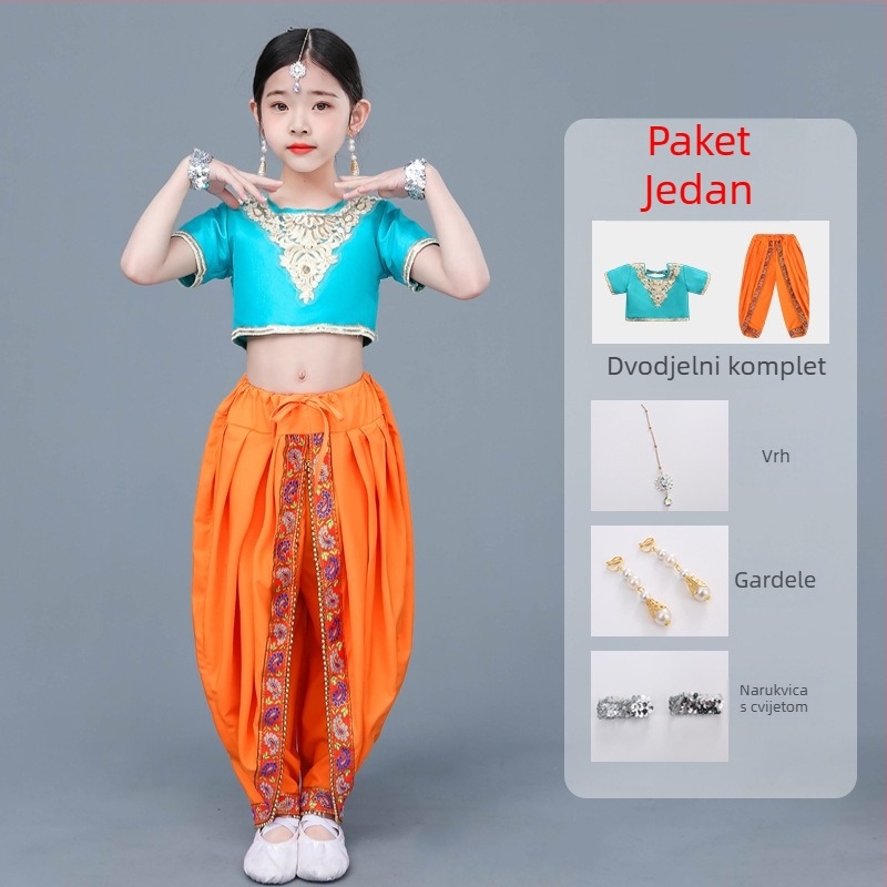 Dječji etnički plesni kostim za djevojčice — indijski i ujgurski ples, belly dance kostim; Materijal: poliester (>95%), mekana obrada, kineski stil, za nacionalne/folk plesove, uzrast 8+