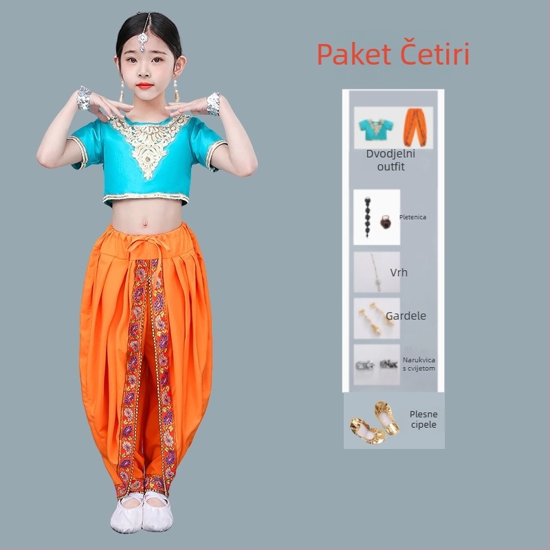 Dječji etnički plesni kostim za djevojčice — indijski i ujgurski ples, belly dance kostim; Materijal: poliester (>95%), mekana obrada, kineski stil, za nacionalne/folk plesove, uzrast 8+
