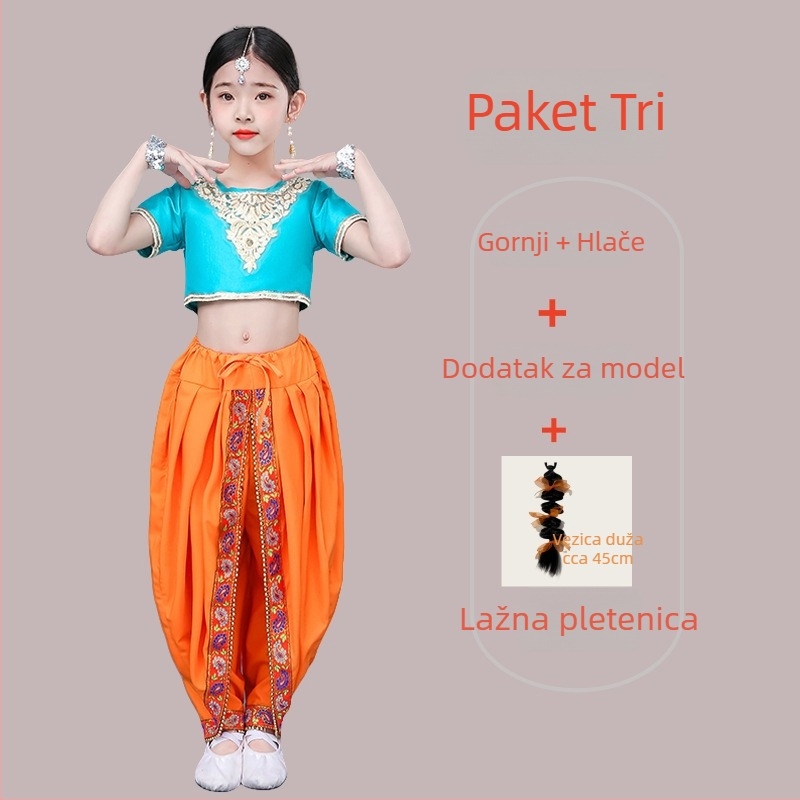 Dječji etnički plesni kostim za djevojčice — indijski i ujgurski ples, belly dance kostim; Materijal: poliester (>95%), mekana obrada, kineski stil, za nacionalne/folk plesove, uzrast 8+