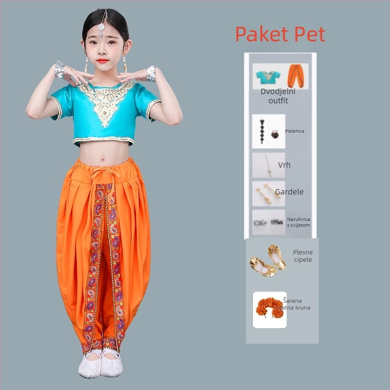 Dječji etnički plesni kostim za djevojčice — indijski i ujgurski ples, belly dance kostim; Materijal: poliester (>95%), mekana obrada, kineski stil, za nacionalne/folk plesove, uzrast 8+