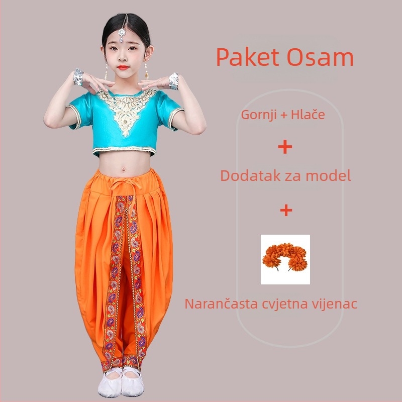 Dječji etnički plesni kostim za djevojčice — indijski i ujgurski ples, belly dance kostim; Materijal: poliester (>95%), mekana obrada, kineski stil, za nacionalne/folk plesove, uzrast 8+