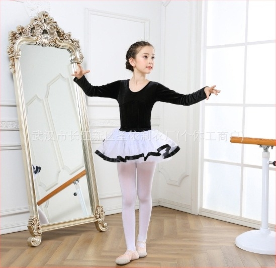 Dječji korejski stil baletni kostim s dugim rukavima i podijeljenom tutu suknjom, korejski baršun, 80% poliester, za djecu od 3 do 8 godina