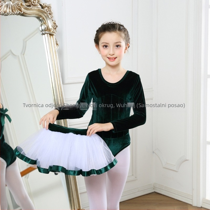Dječji korejski stil baletni kostim s dugim rukavima i podijeljenom tutu suknjom, korejski baršun, 80% poliester, za djecu od 3 do 8 godina