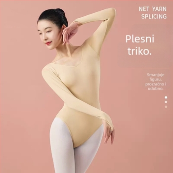 Ženski bodi s dugim rukavima u nude boji, baletni ispit kostim