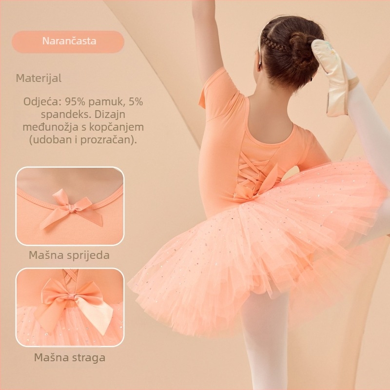 Dječji ružičasti pamučni baletni set za vježbanje i plesne ispite, ljetni kratki rukavi