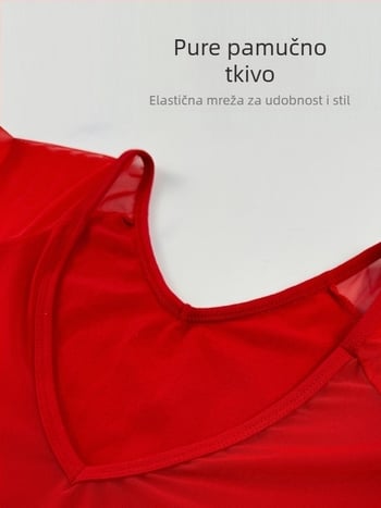 Dječji plesno-gimnastički kostim s kratkim rukavima i mrežastim panelima, 85% pamuk, mekano obrađeni materijal, ljeto 2024, za uzrast 3-8 godina