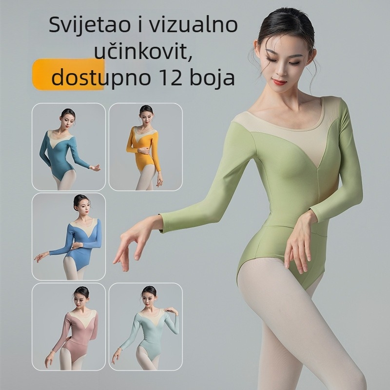 Baletni jednobojni kostim za odrasle – dugi rukav, V-izrez, najlon s 88% spandeksa, podstava Milk Silk 88% poliester, pogodan za balet i probes scenice