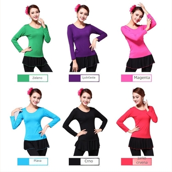 Ženski plesni top s okruglim izrezom i dugim rukavima; modalna tkanina s 98% pamuka, podstava 95% pamuka; jednobojan; pogodny za balet, latin plesa i nacionalni standard; za cijelu godinu