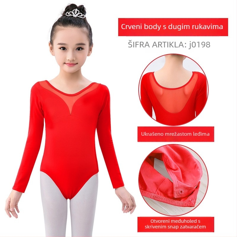 Dječji plesni kombinezon s dugim rukavima za vježbanje, korejski stil, pamuk-lycra tkanina (95% pamuka)